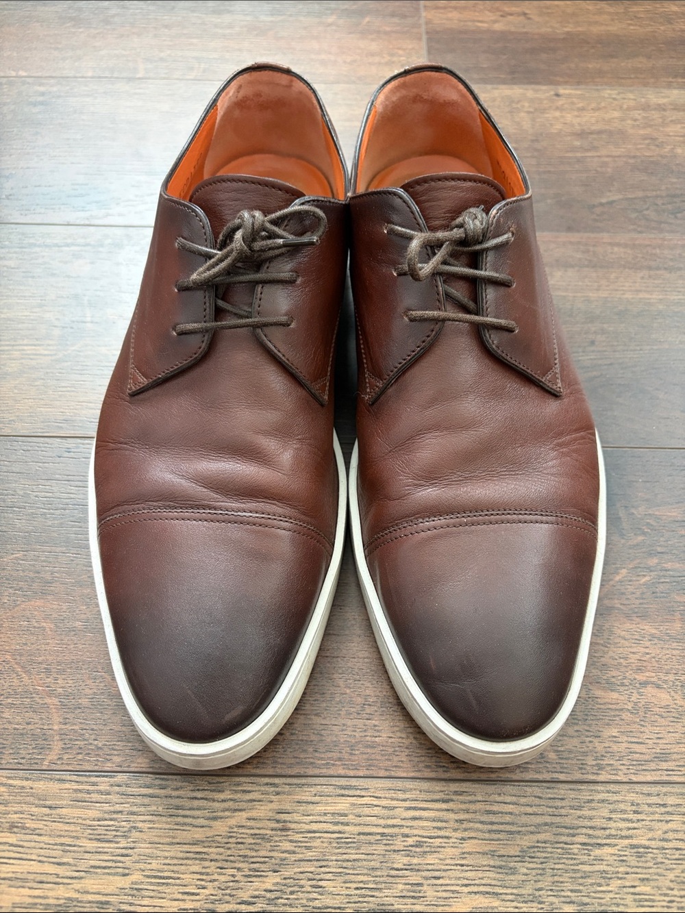 Santoni Brown Leather Derby Shoes with White Sole